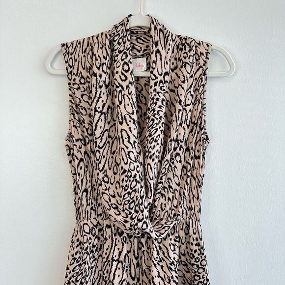 Parker Women’s XS Wrap Surplice Leopard Print Midi Dress Sleeveless 100% Silk - Picture 2 of 12